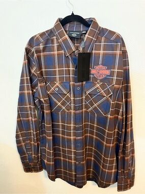 Harley-Davidson Blue and Brown Plaid Button-Front Shirt